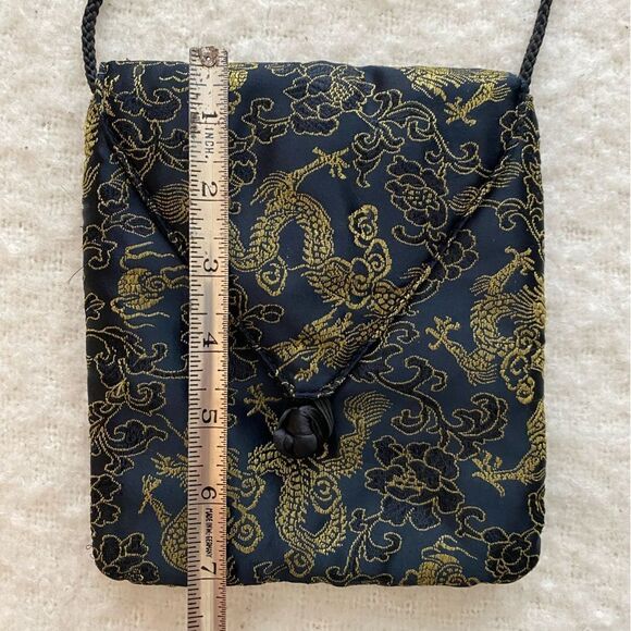 Asian Design Small Satin Crossbody Bag - Gold Embroidery on Black Purse - Picture 8 of 8